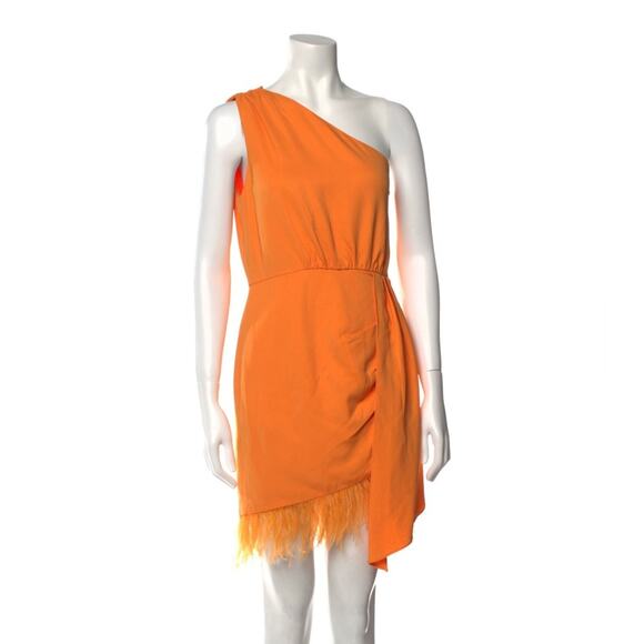 Saylor Audrie One-Shoulder Feather trimmed Mini Dress NWT $320 orange small - Picture 2 of 3